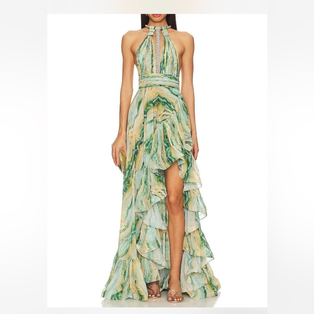 Bronx and Banco Green and Yellow High-Low Halter Ruffle Gown